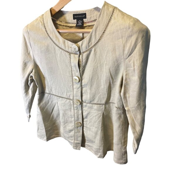 Rafaella Tan Linen Round Neck Buttoned Long Sleeve Peplum Top Sz 10 - Picture 3 of 8